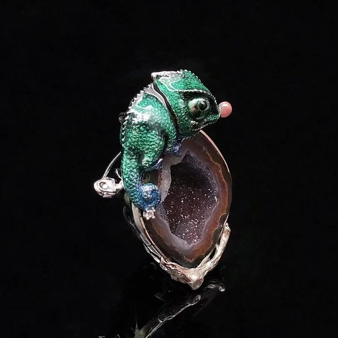 Chameleon Spirit Guardian | Enamel & Sterling Silver Crystal Brooch Pendant