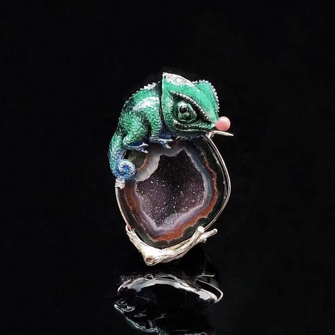 Chameleon Spirit Guardian | Enamel & Sterling Silver Crystal Brooch Pendant