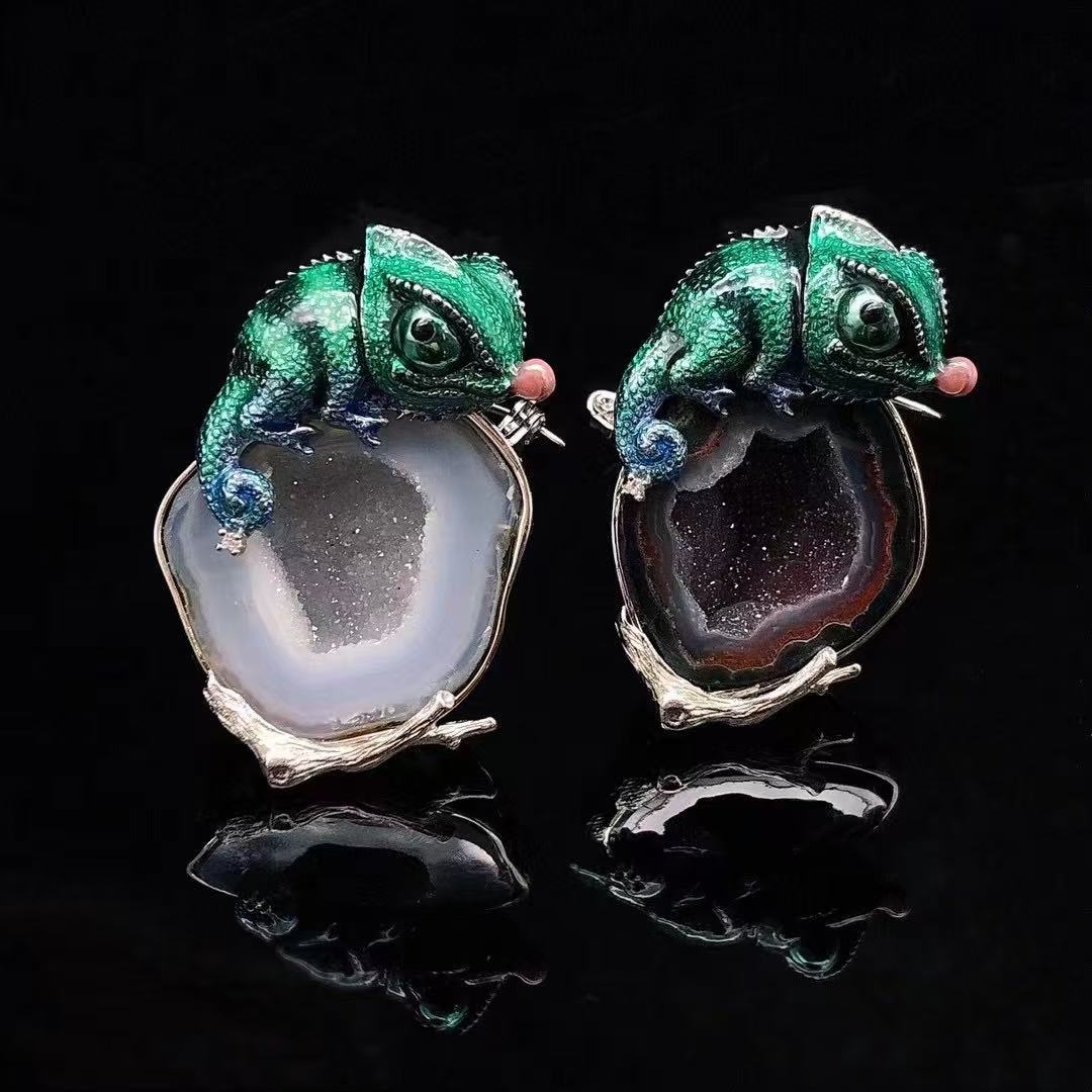 Chameleon Spirit Guardian | Enamel & Sterling Silver Crystal Brooch Pendant