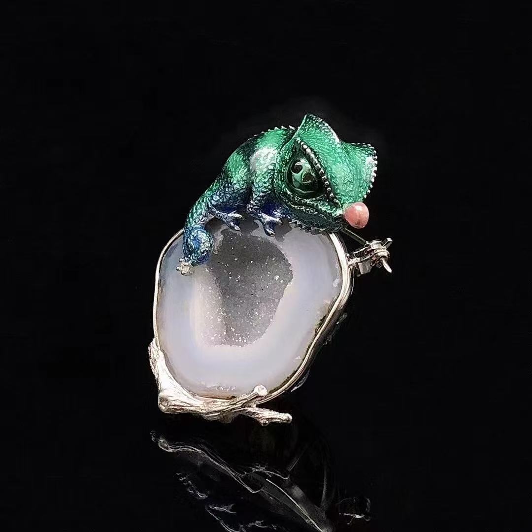 Chameleon Spirit Guardian | Enamel & Sterling Silver Crystal Brooch Pendant