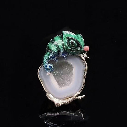 Chameleon Spirit Guardian | Enamel & Sterling Silver Crystal Brooch Pendant