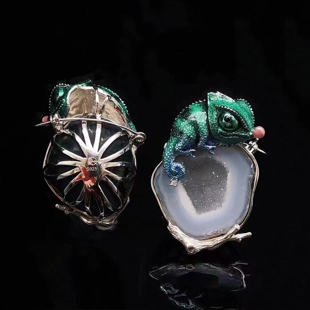 Chameleon Spirit Guardian | Enamel & Sterling Silver Crystal Brooch Pendant